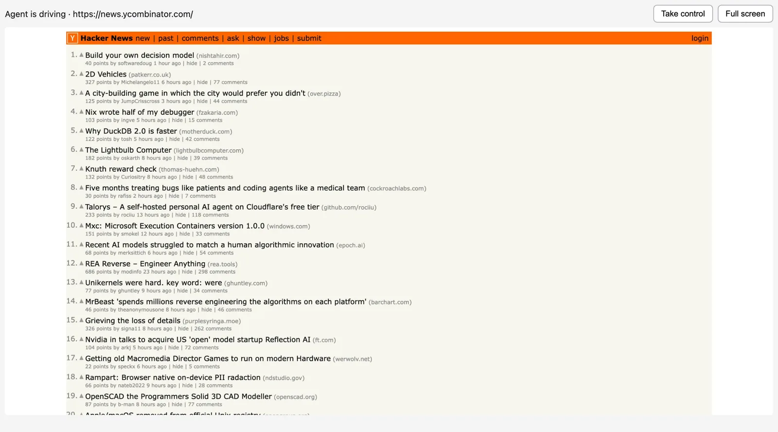 The live view while an agent browses Hacker News