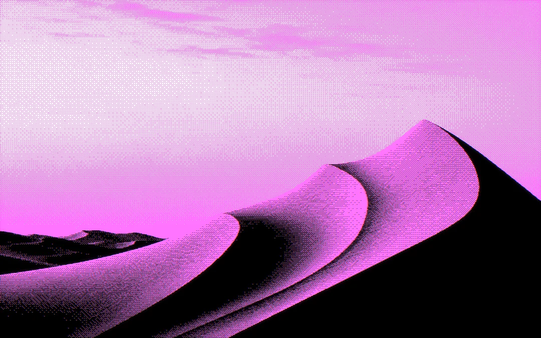 A halftone-dithered desert dune rendered in magenta and black
